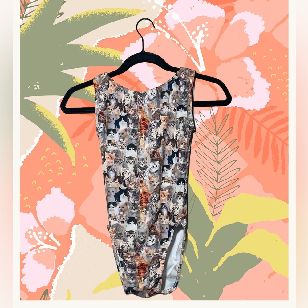 Cat head design bodysuit, polyester, hand made unique design xs